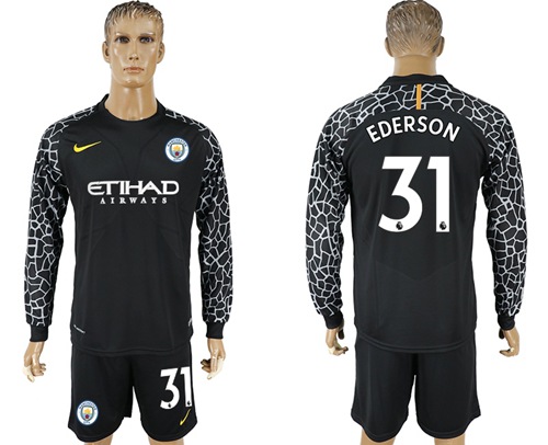 Manchester City #31 Ederson Black Goalkeeper Long Sleeves Soccer Club Jersey - Click Image to Close
